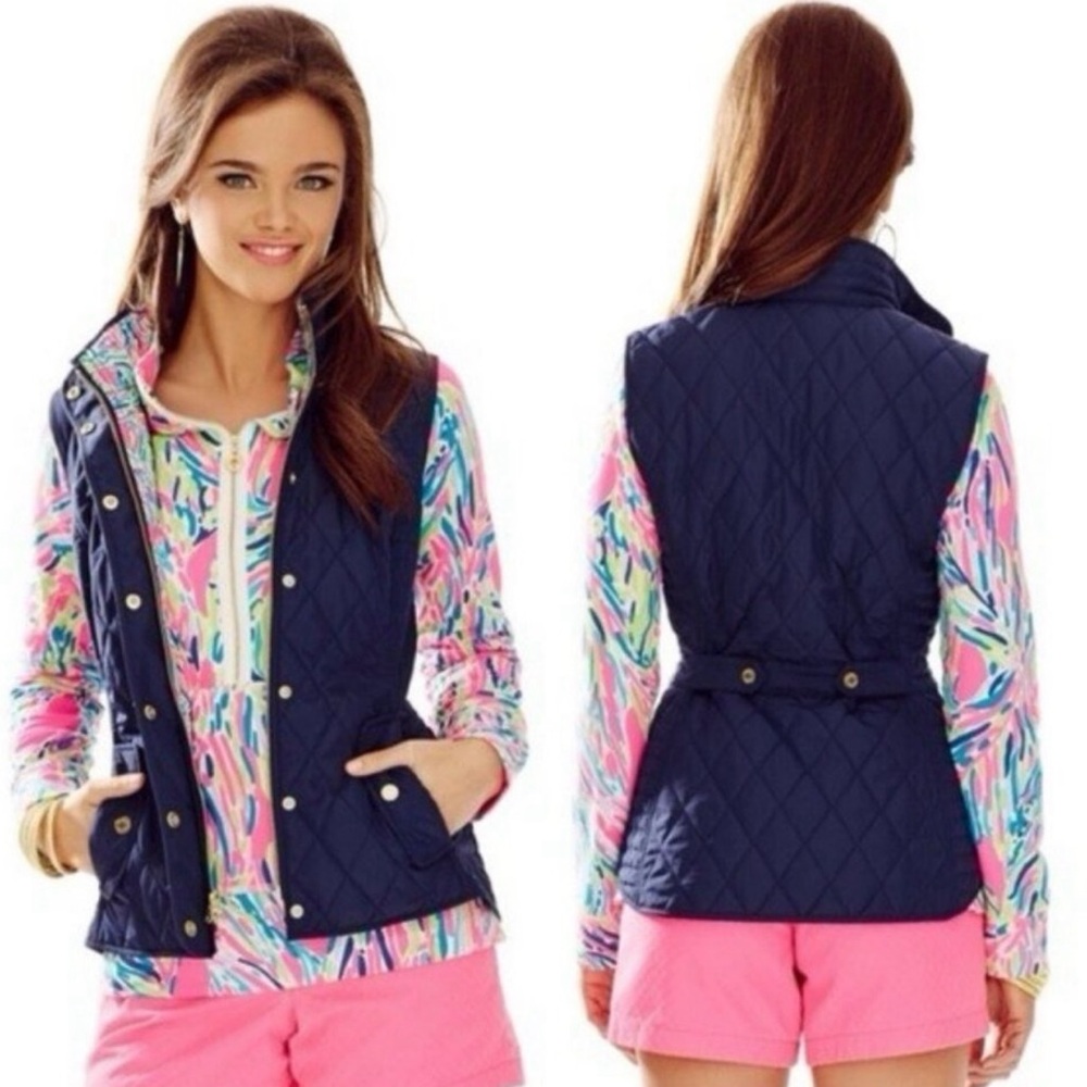 Lilly Pulitzer Navy Dark Blue Puffer Vest Gold Buttons Colorful Lining Size M